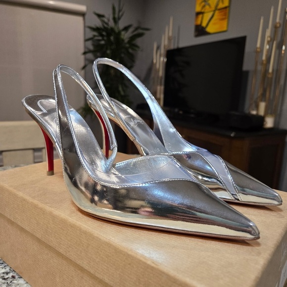 NEW Christian Louboutin Posticha 80mm Metallic Leather Slingback Size 37 - Picture 9 of 15
